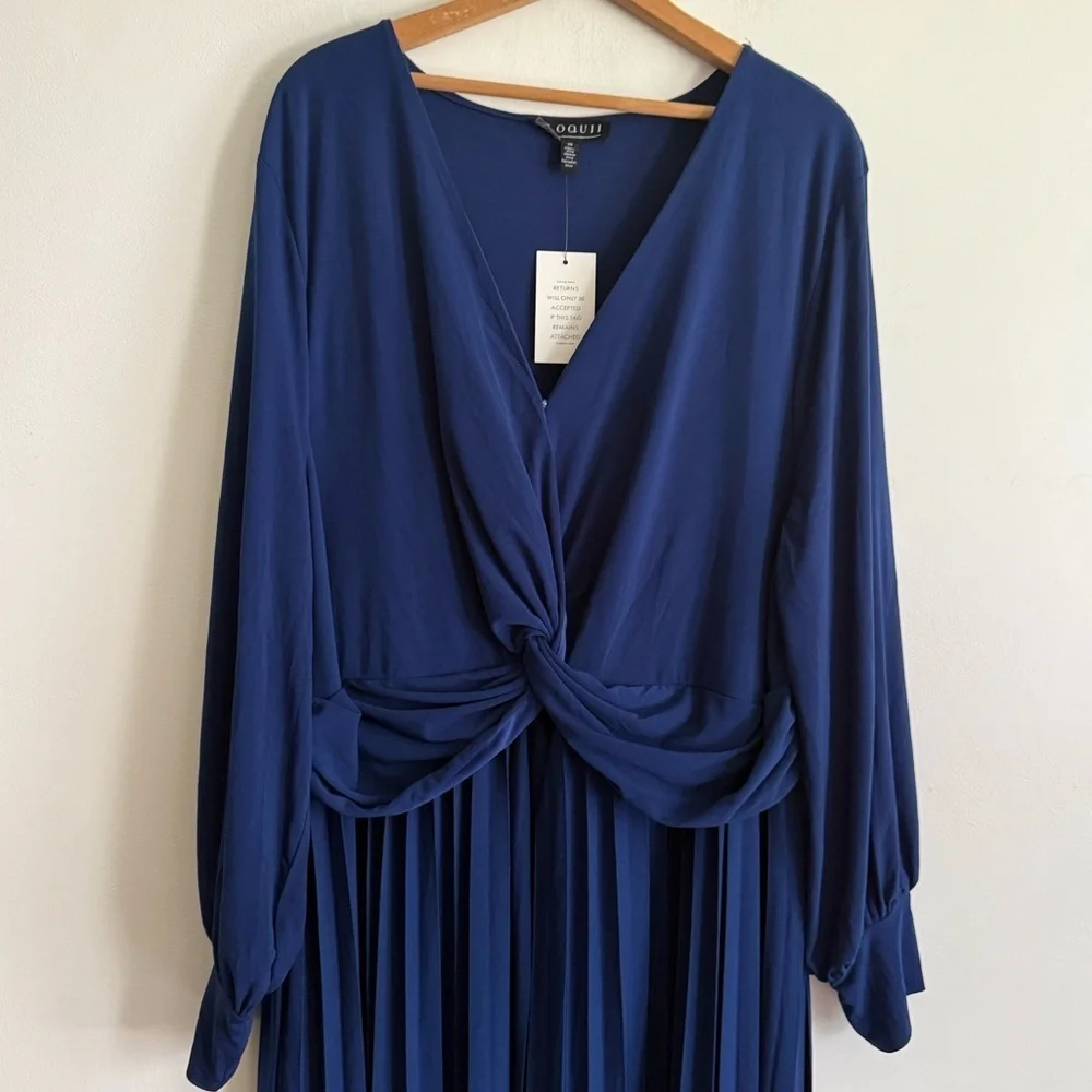 Eloquii Blue Pleated Knot Front Dress with Bishop Sleeves - Picture 4 of 8